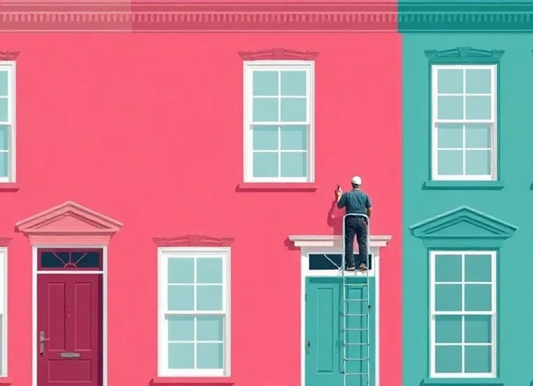 Peintre sur échafaudage traitant la façade d'une maison