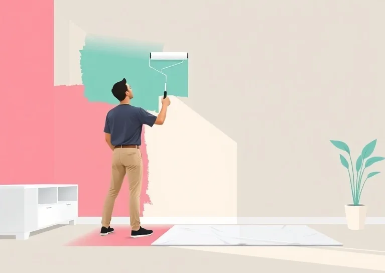 Peintre appliquant la peinture au rouleau sur un mur de salon